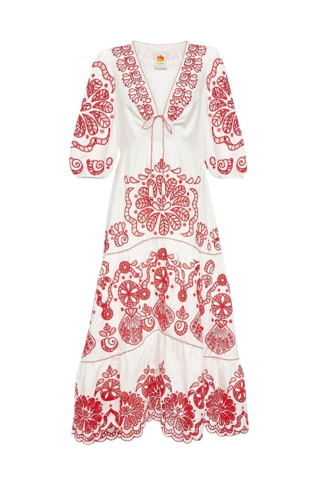 Robe midi Richelieu à col V en coton - Rouge