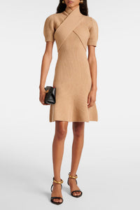 Robe midi à bustier croisé en laine et cachemire - Biscuit