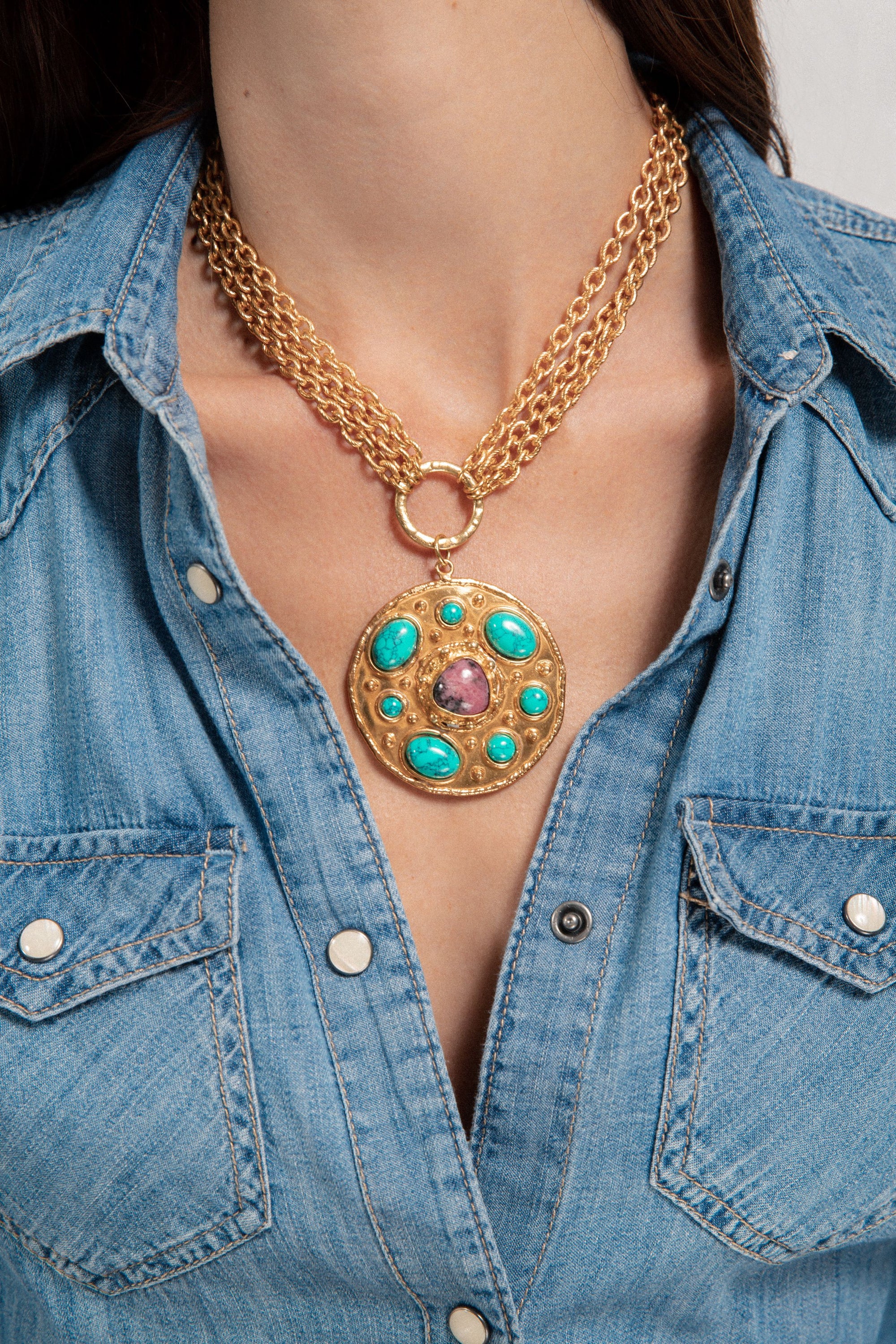 Collier Midas doré à l'or fin et multipierres - Rose & Vert