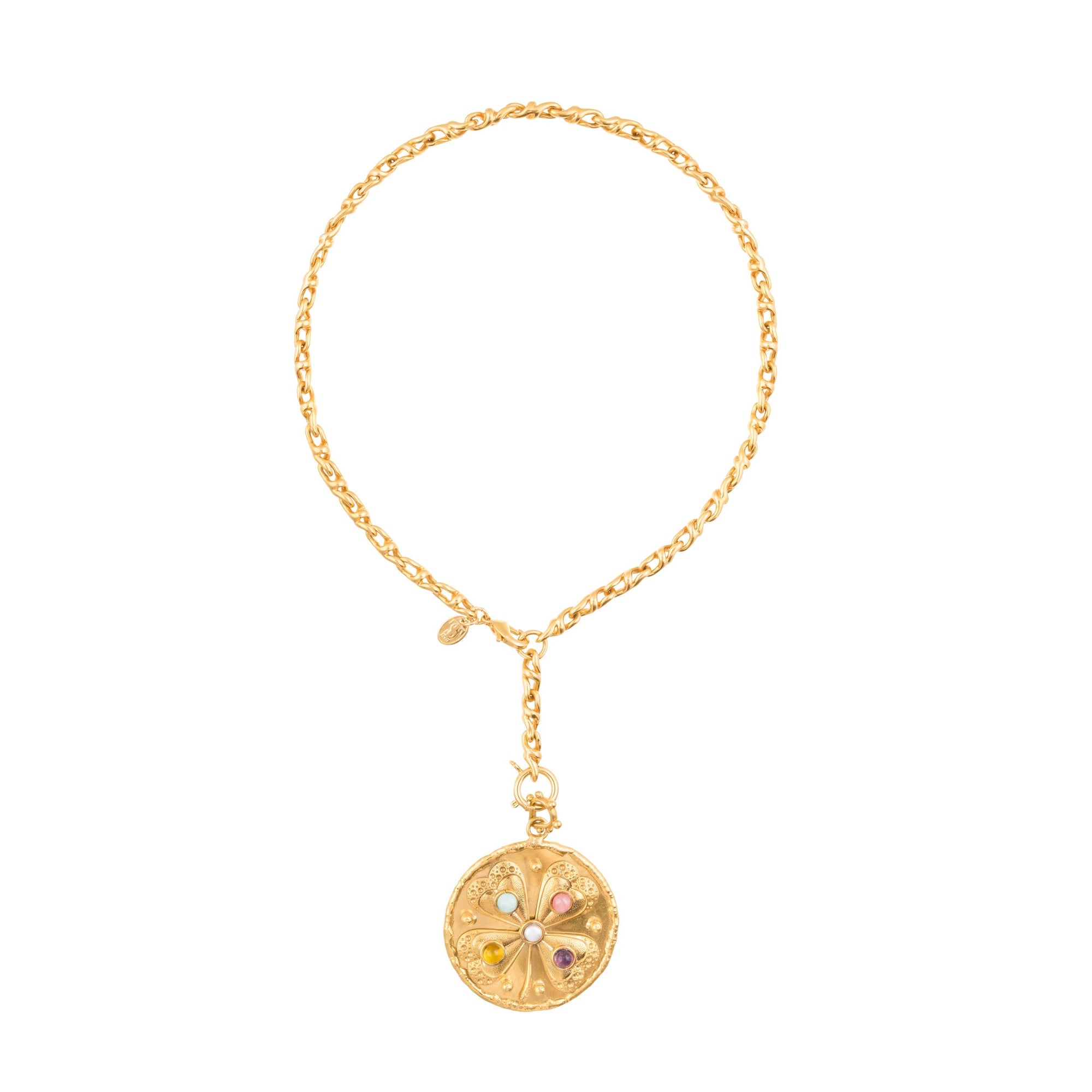 Collier Médaillon doré à l'or fin et multipierres - Multicolore