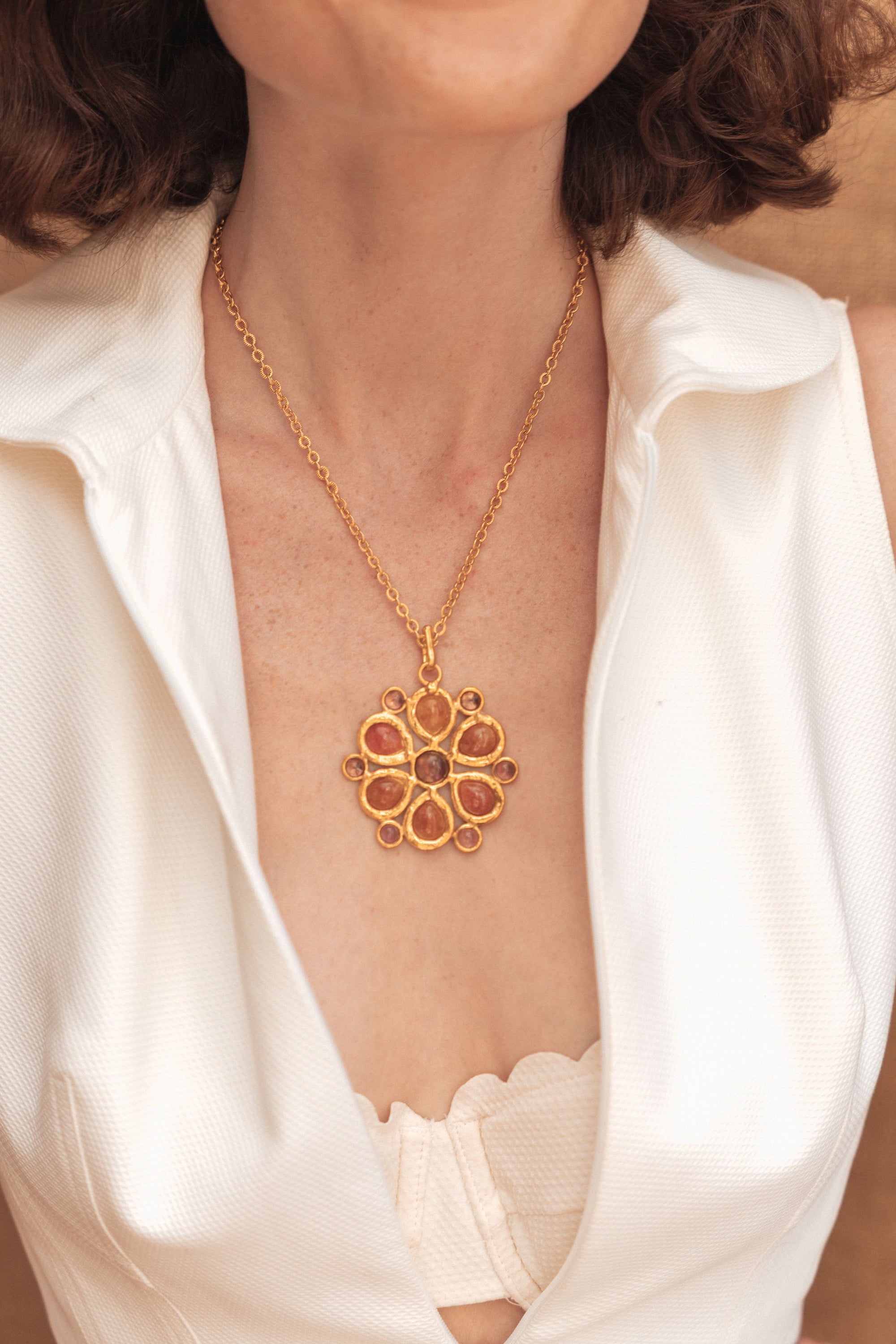 Rosace necklace in fine gold and multi-stones - Orange & Violet
