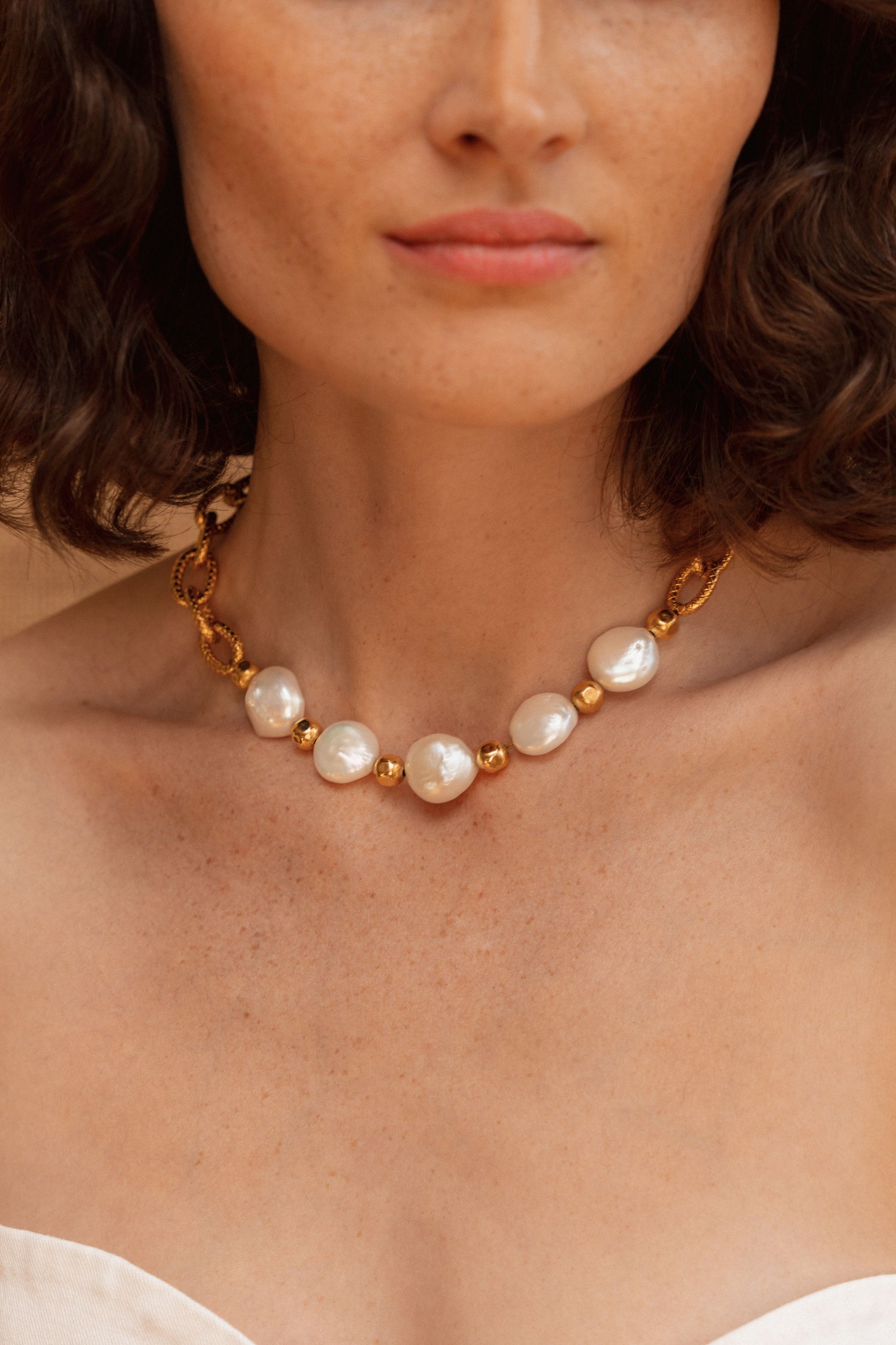 Collier Oval & Chain doré à l'or fin et perles - Blanc