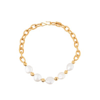 Collier Oval & Chain doré à l'or fin et perles - Blanc