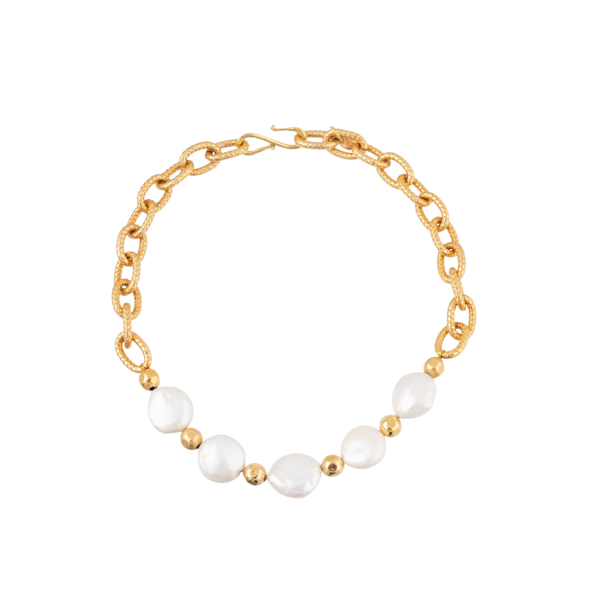Collier Oval & Chain doré à l'or fin et perles - Blanc