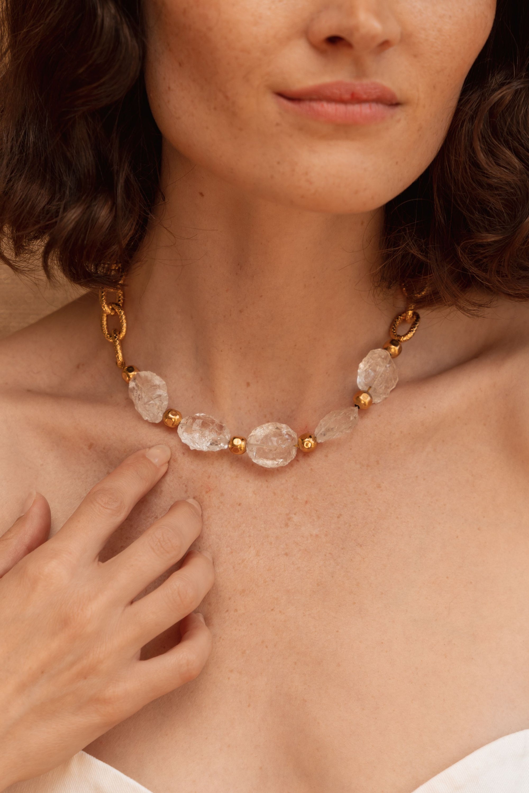 Collier Oval & Chain doré à l'or fin et Crystal - Transparent