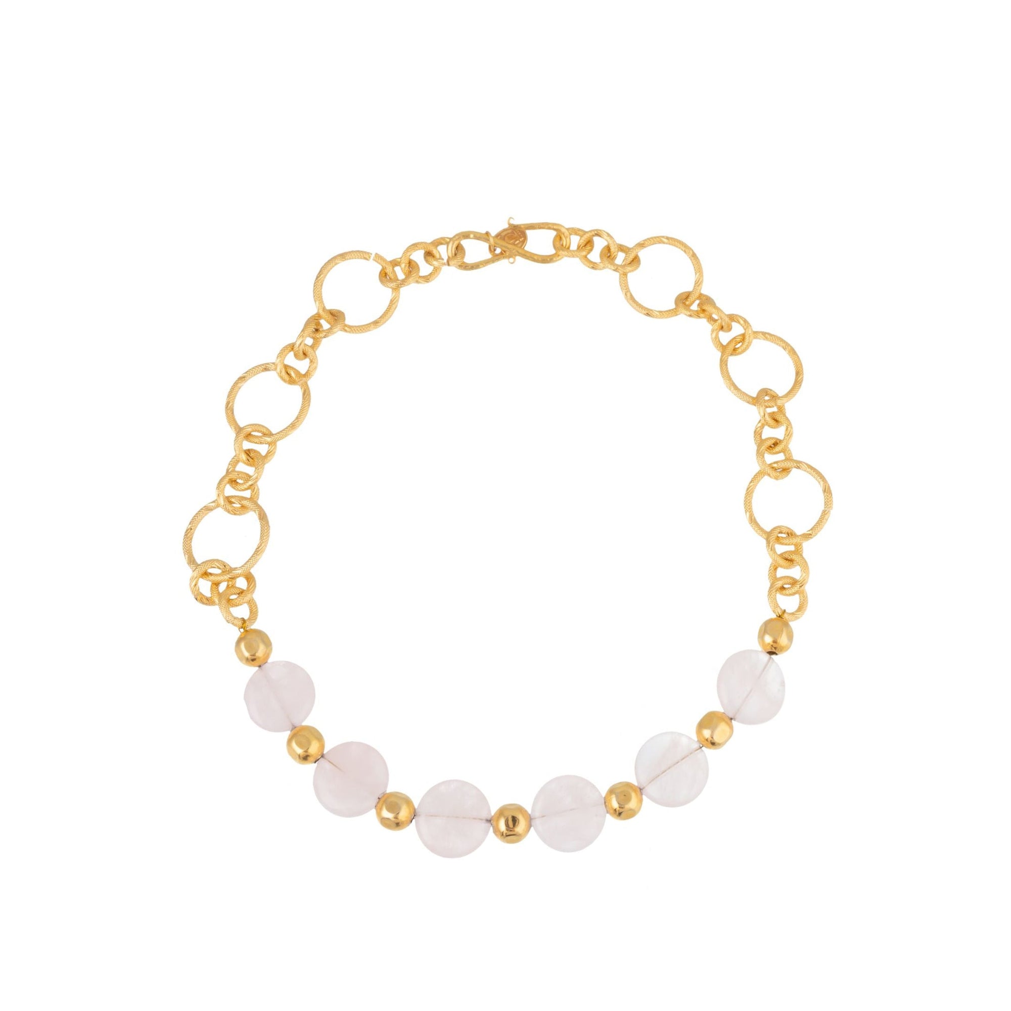 Collier Round & Chain doré à l'or fin et Quartz - Rose