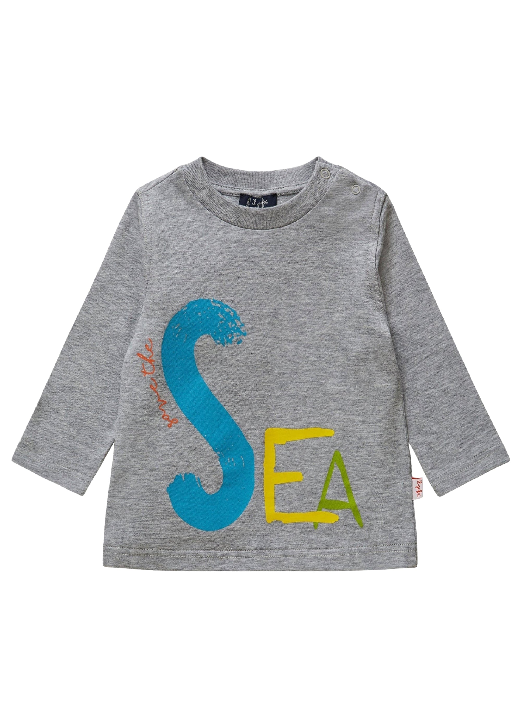 T-shirt in cotone grigio con scritta "sea"