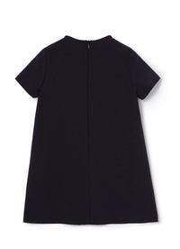 vestito blu a mezza manica con fiore fuxia