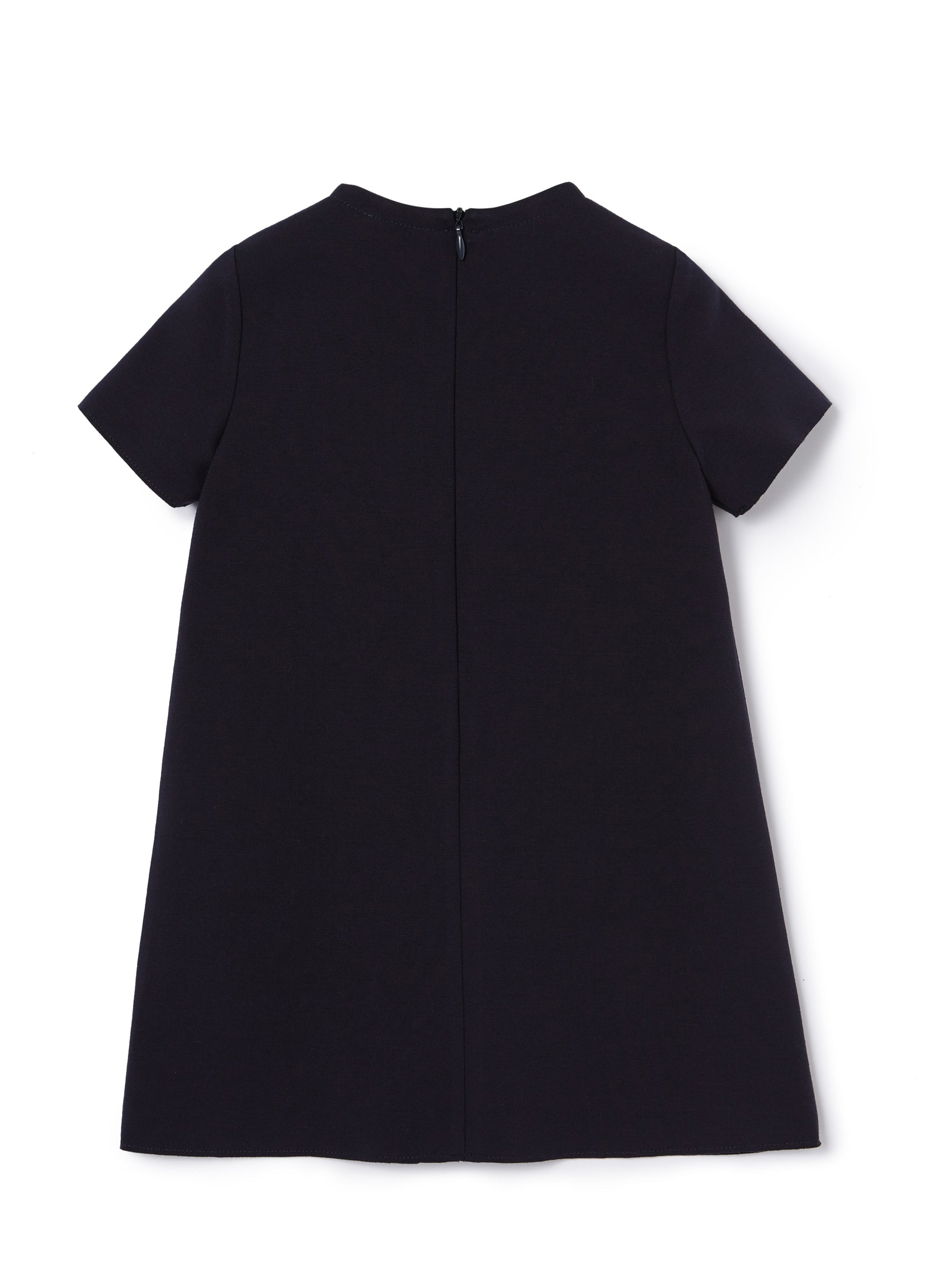 vestito blu a mezza manica con fiore fuxia