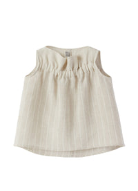 top in lino smanicato beige a righe con arricciatura