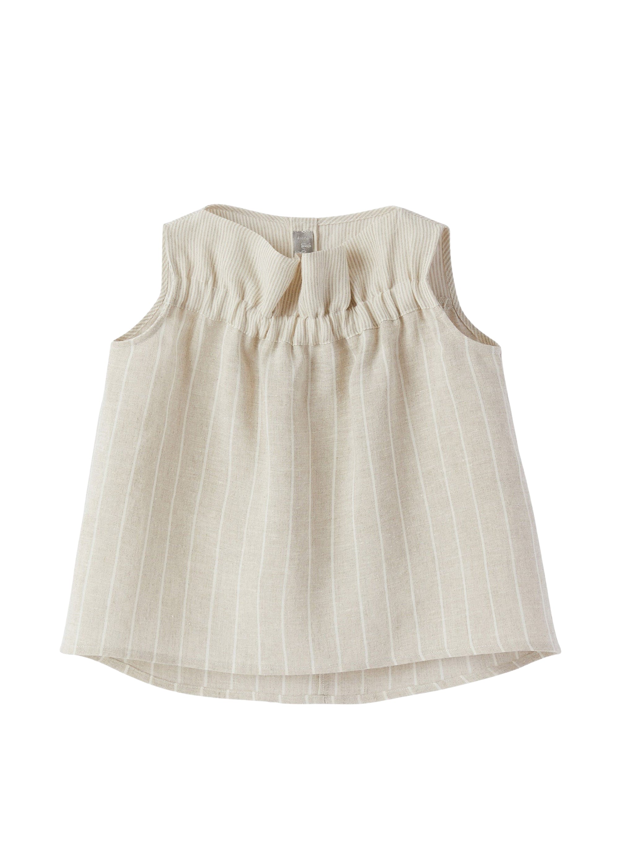 top in lino smanicato beige a righe con arricciatura
