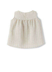 top in lino smanicato beige a righe con arricciatura