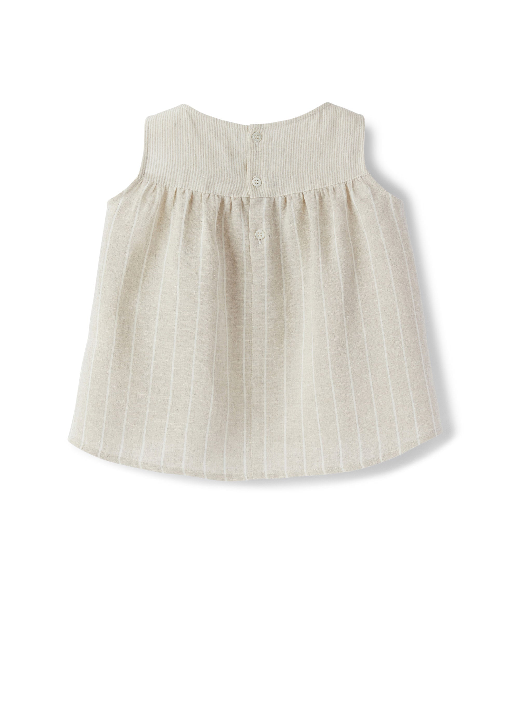 top in lino smanicato beige a righe con arricciatura