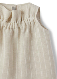 top in lino smanicato beige a righe con arricciatura