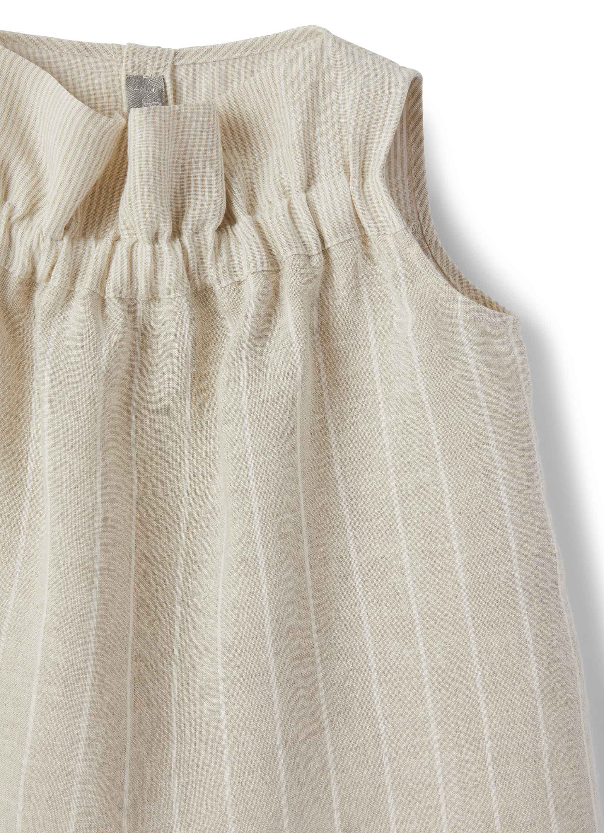 top in lino smanicato beige a righe con arricciatura