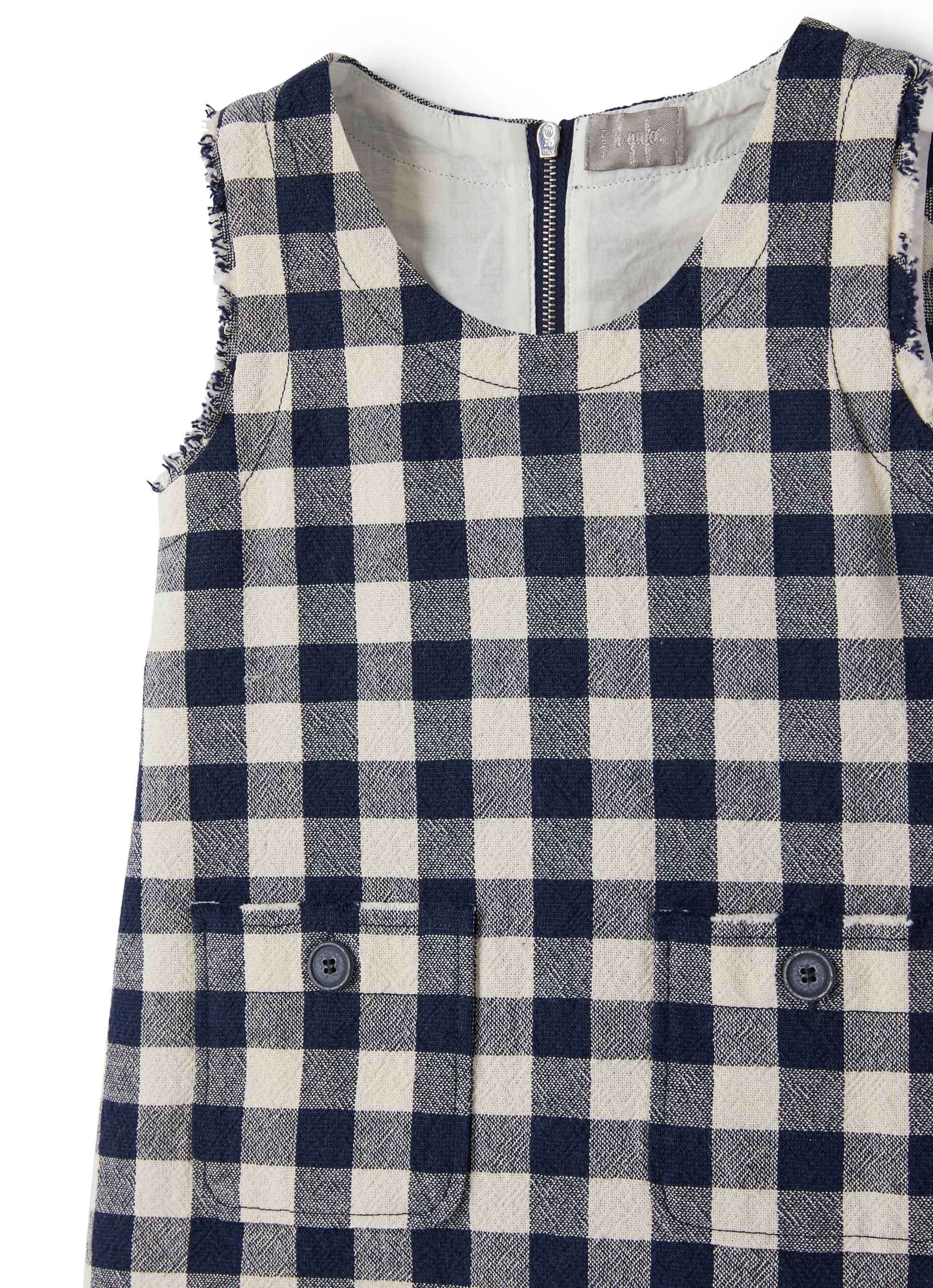 vestito smanicato a quadri bianchi e blu