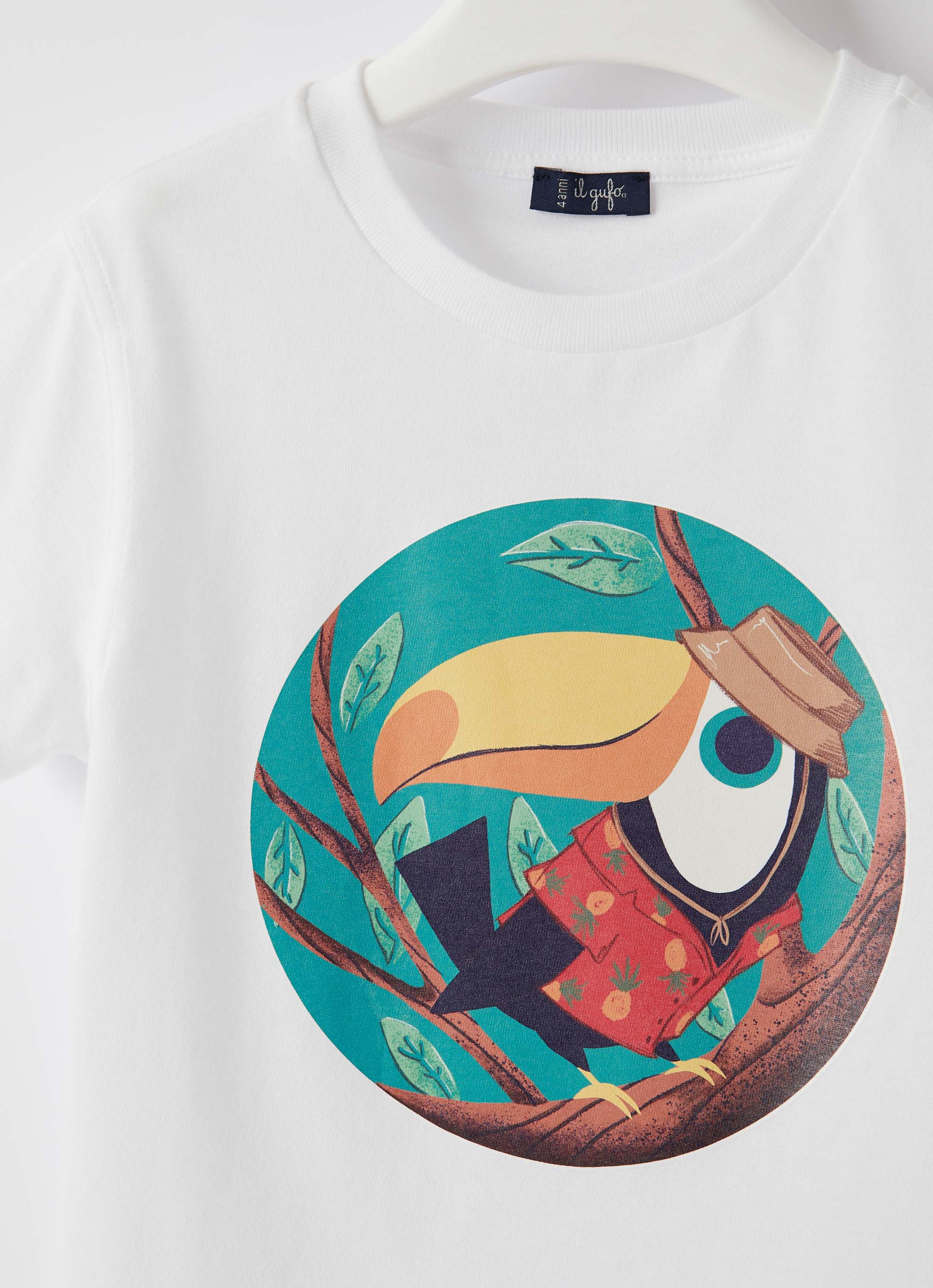 t-shirt manica corta bianca con stampa tucano