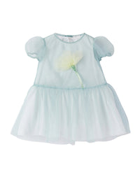 vestito manica corta in tulle azzurro con fiore applicato