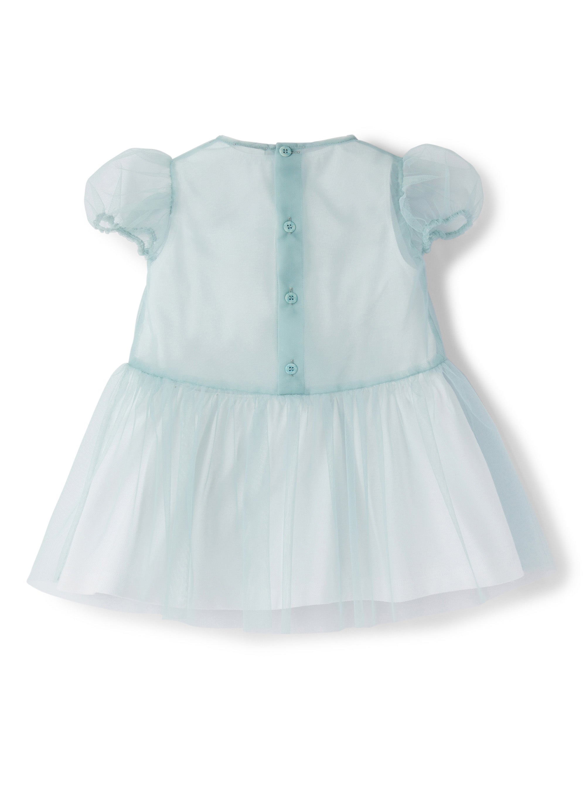 vestito manica corta in tulle azzurro con fiore applicato