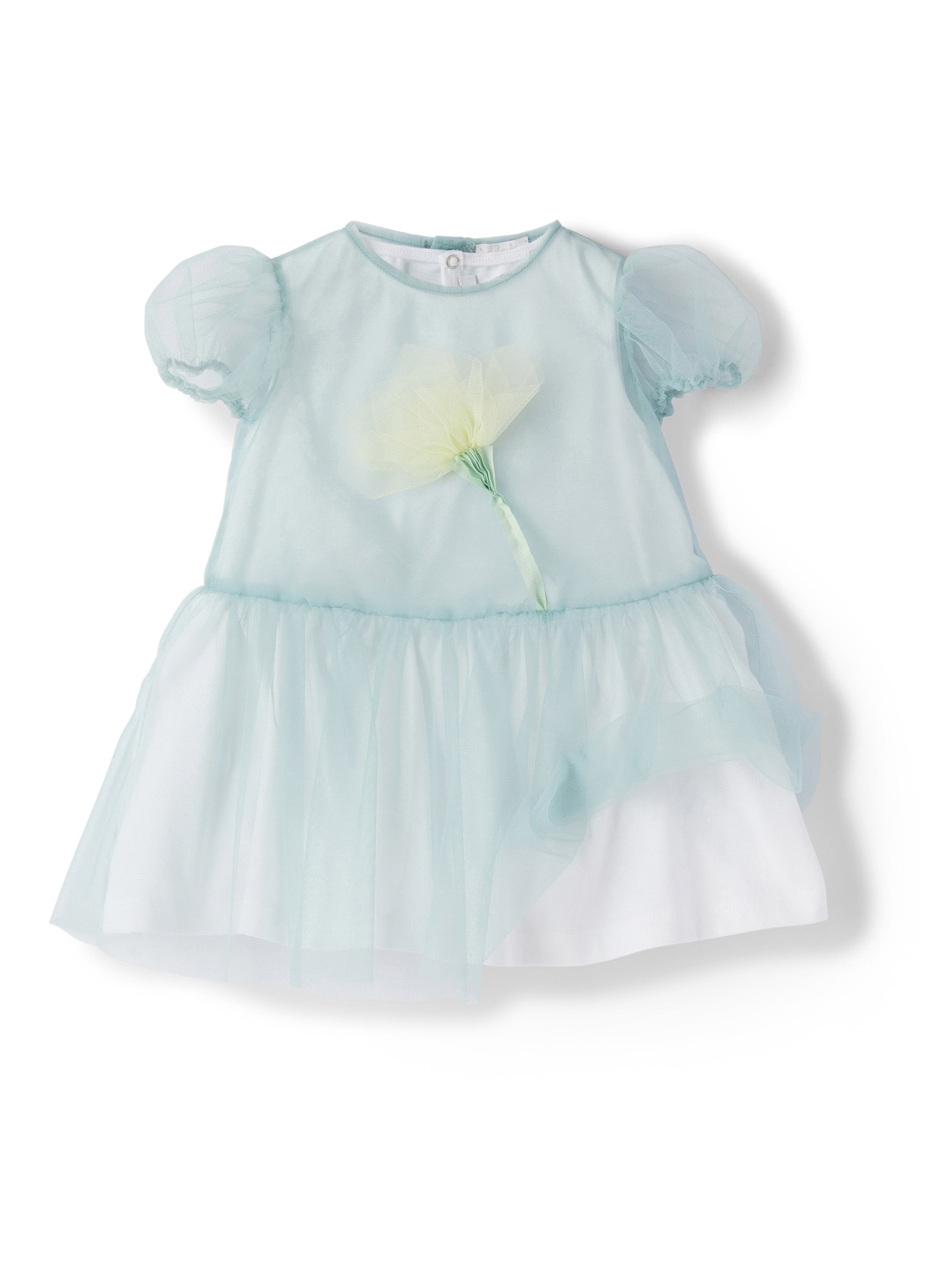 vestito manica corta in tulle azzurro con fiore applicato
