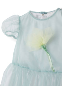 vestito manica corta in tulle azzurro con fiore applicato