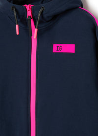 Felpa blu con nastrature fuxia