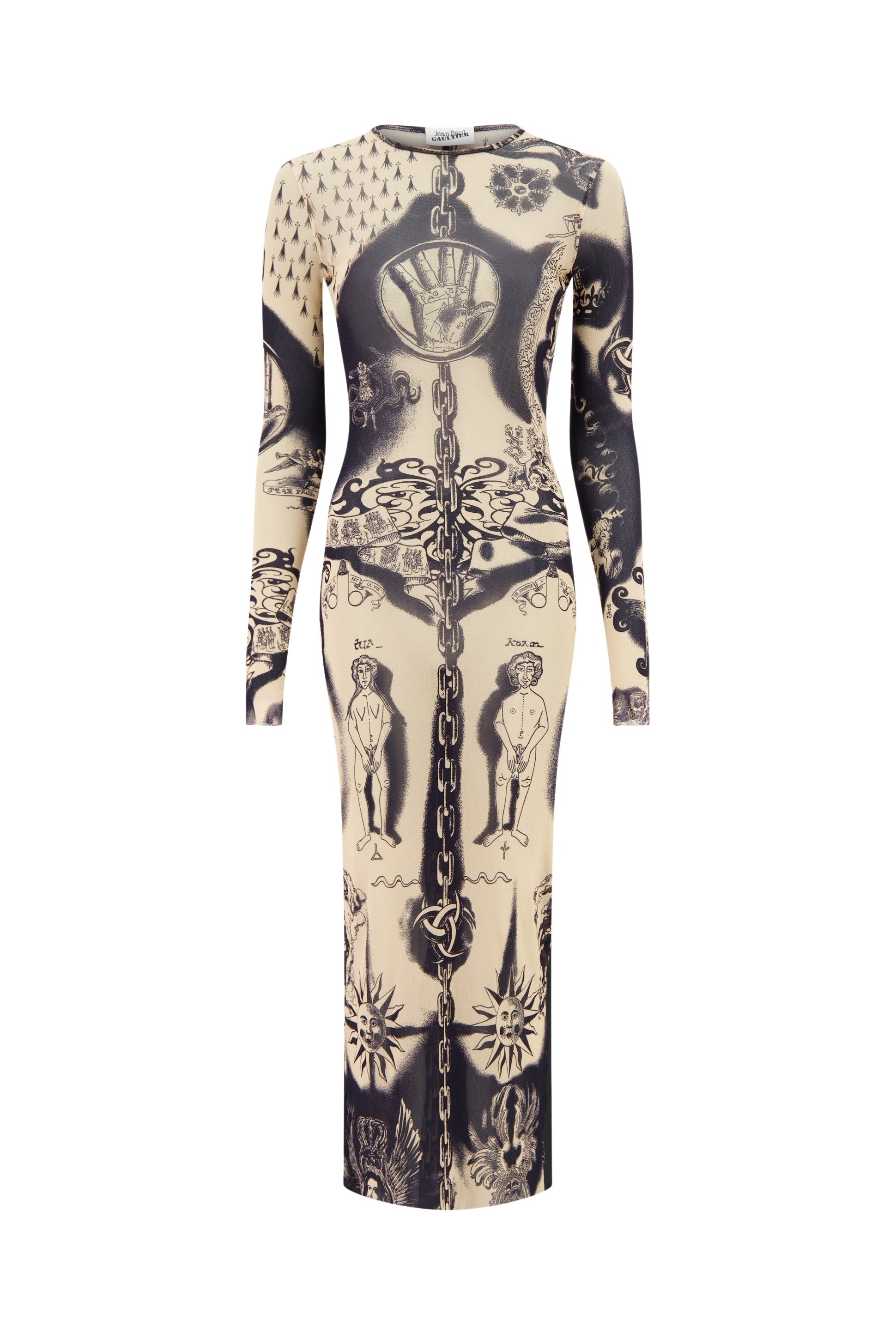 Robe longue Tattoo imprimée en tulle - Nude & Navy