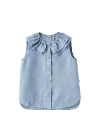 Camicia  in lino azzurro con volant