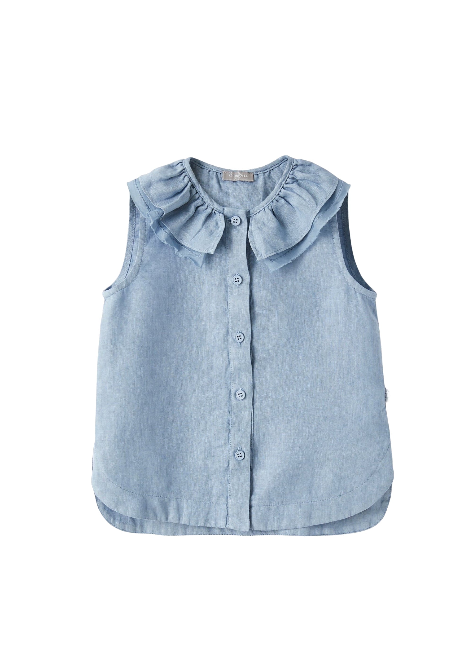 Camicia  in lino azzurro con volant