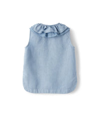 Camicia  in lino azzurro con volant