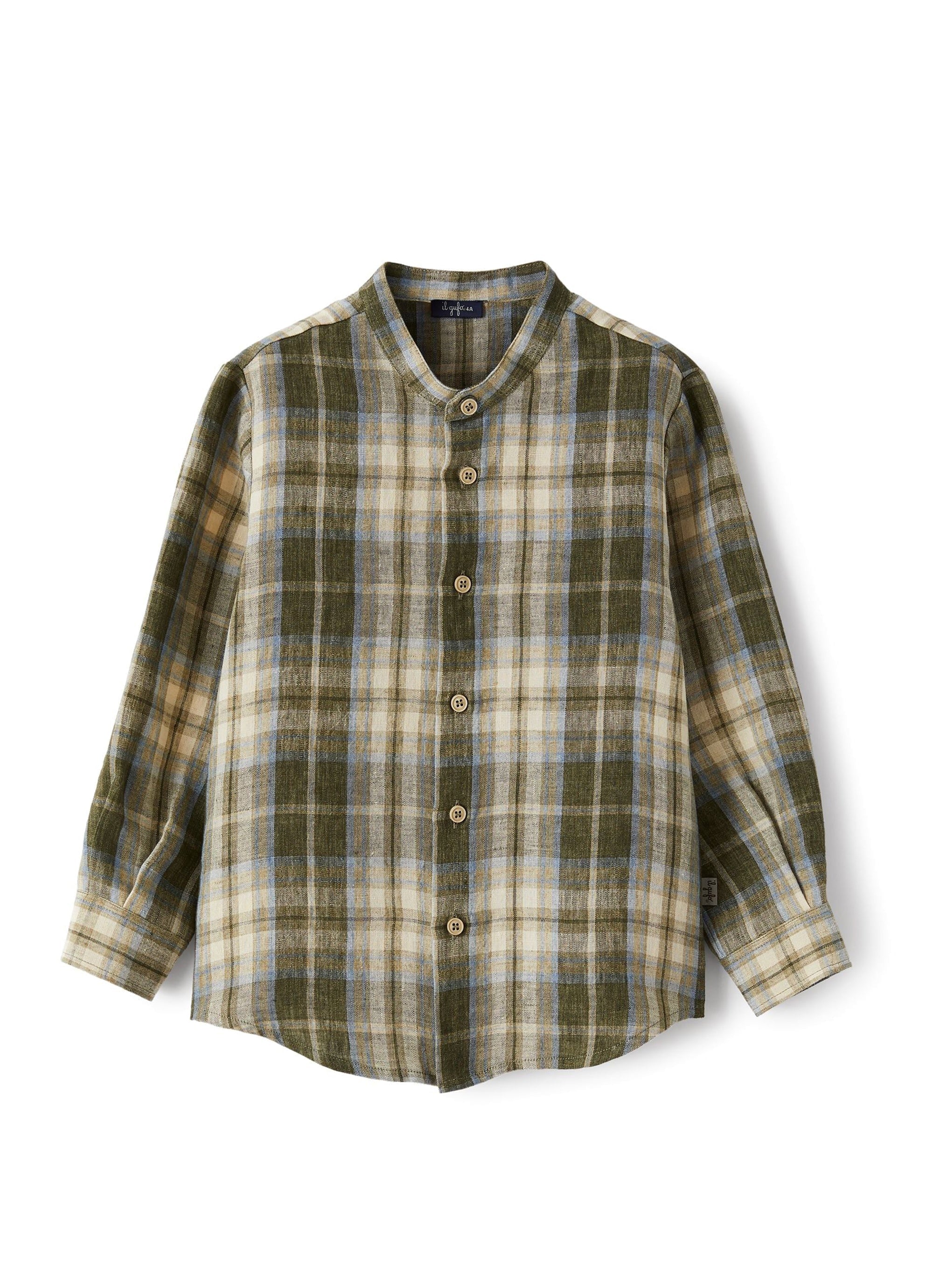 Mandarin collar shirt with madras pattern in linen - Olive Green