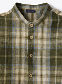 Chemise à col mandarin à motif madras en lin - Olive Green