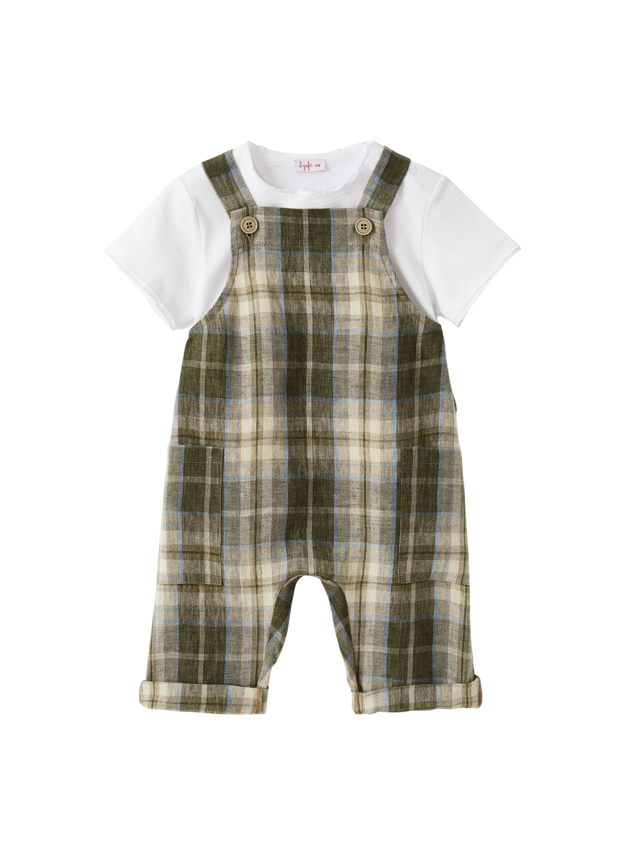 Completo con salopette in lino madras