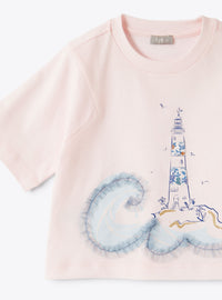 Lighthouse print T-shirt - Baby Pink & Indigo