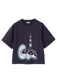T-shirt blu navy con stampa faro