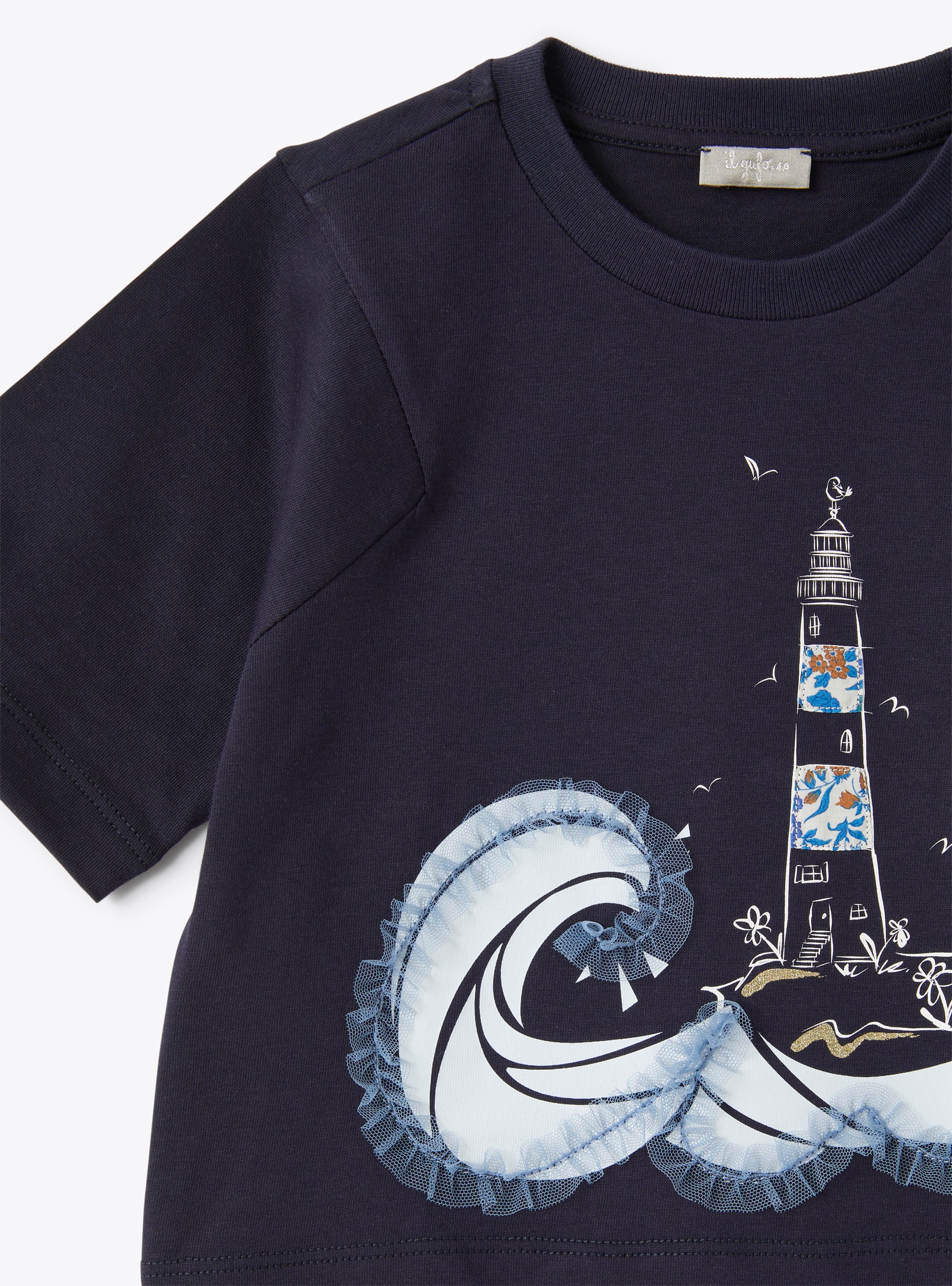 T-shirt blu navy con stampa faro