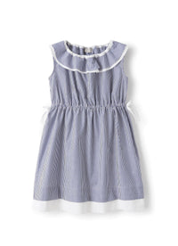 Striped dress with ruffles around the neckline - Ocean Blue