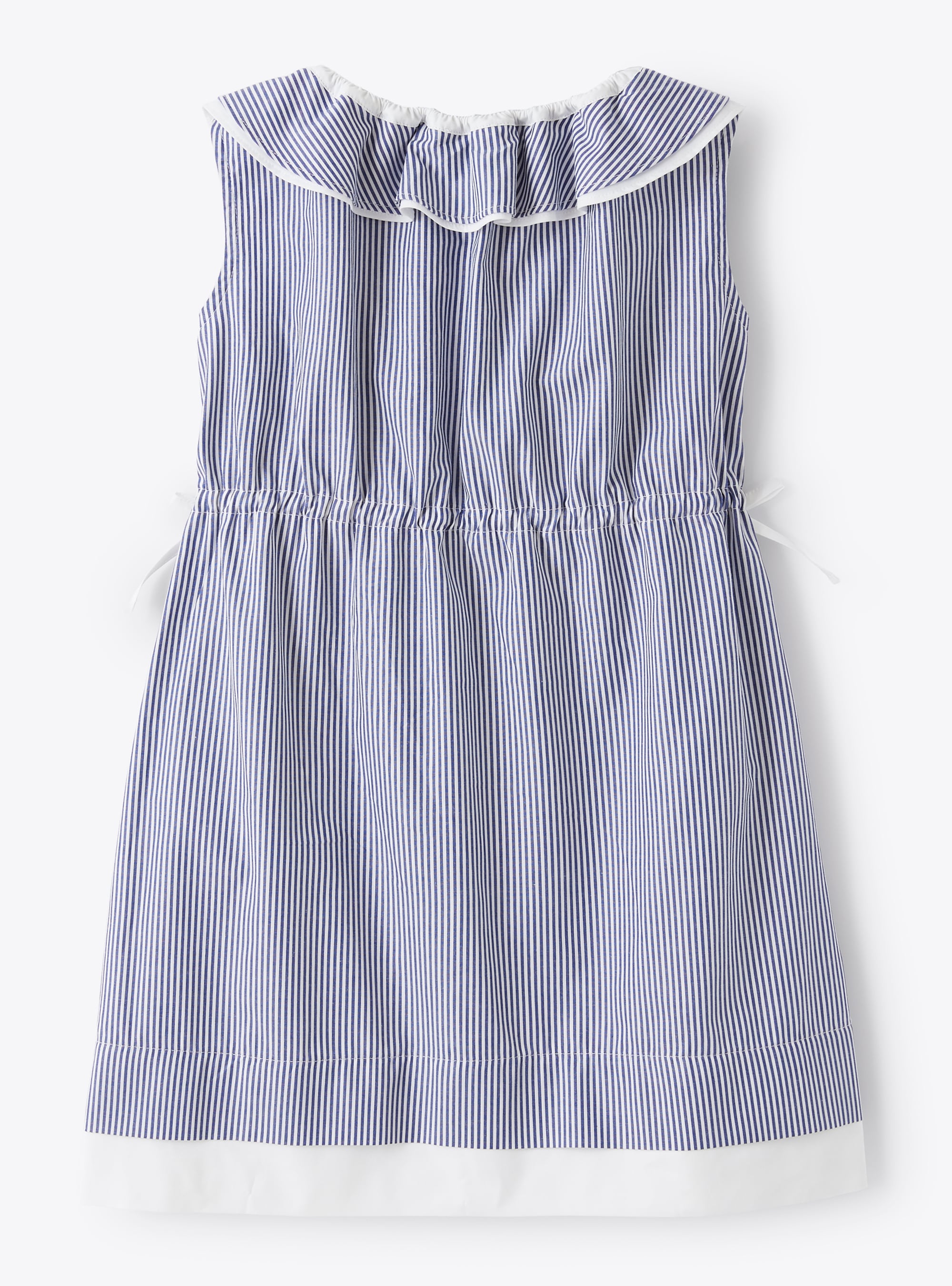 Striped dress with ruffles around the neckline - Ocean Blue