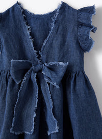 Linen bow check dress - Electric Blue