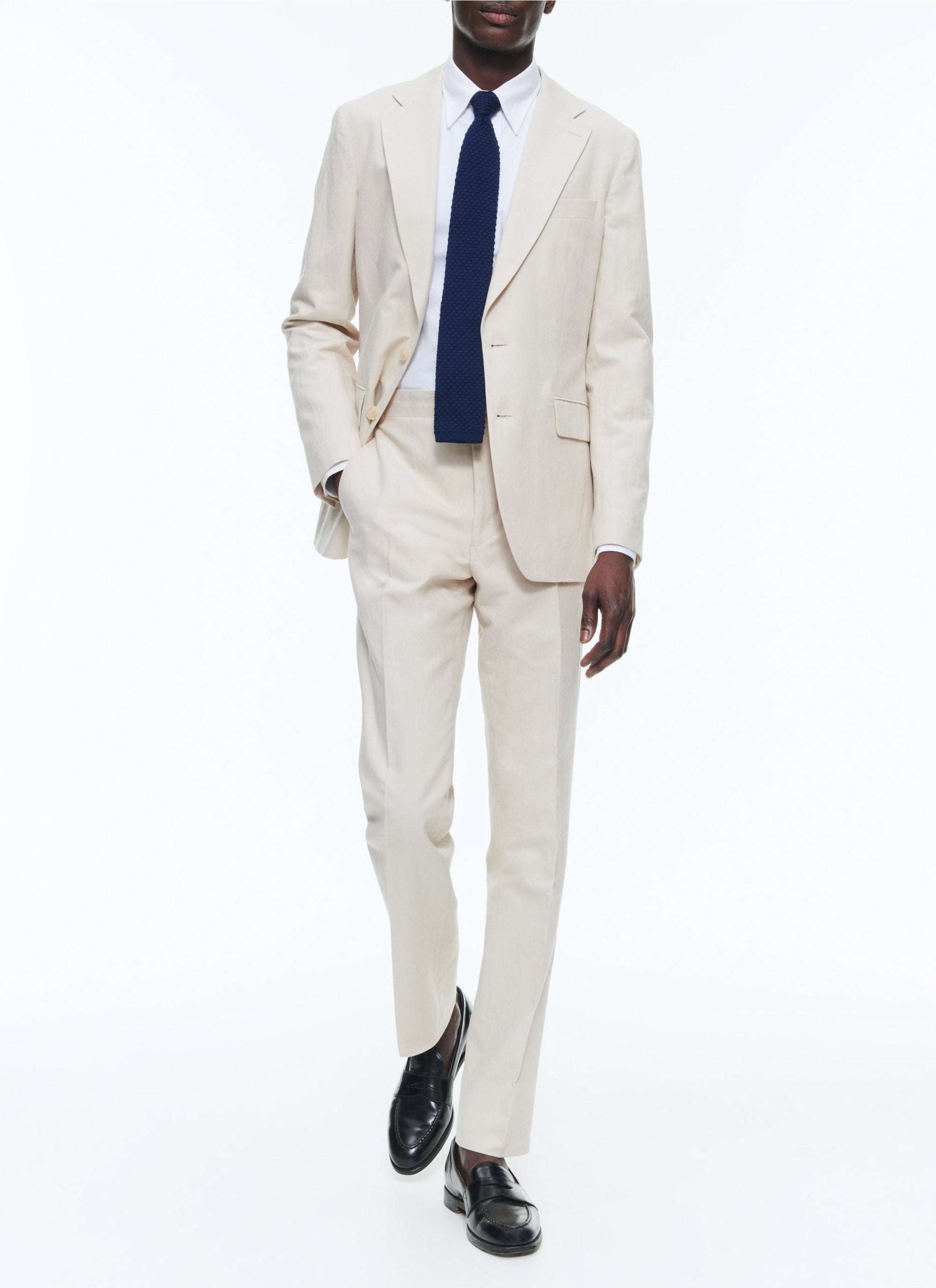 Pantalon de costume ajusté et boutonné en lin mélangé - Grège