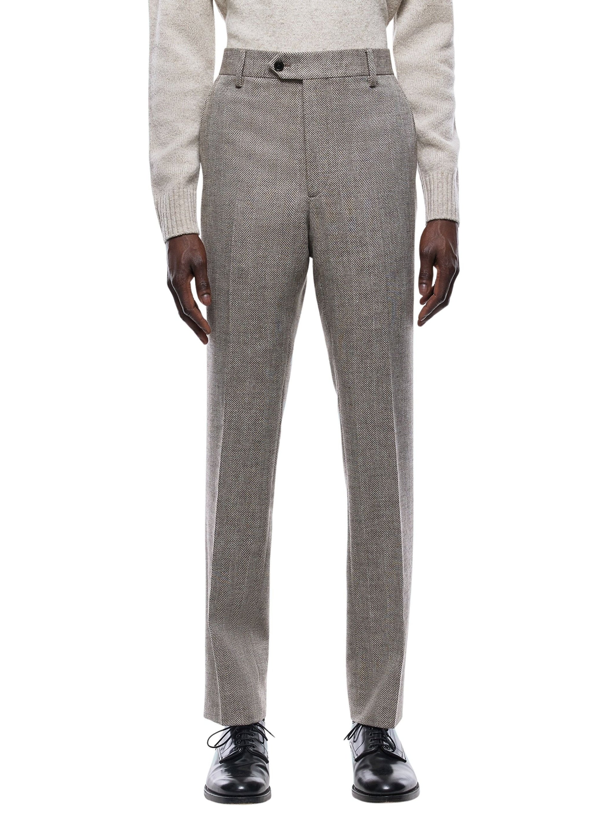 Pantalon droit en laine mélangée à chevrons - Ficelle