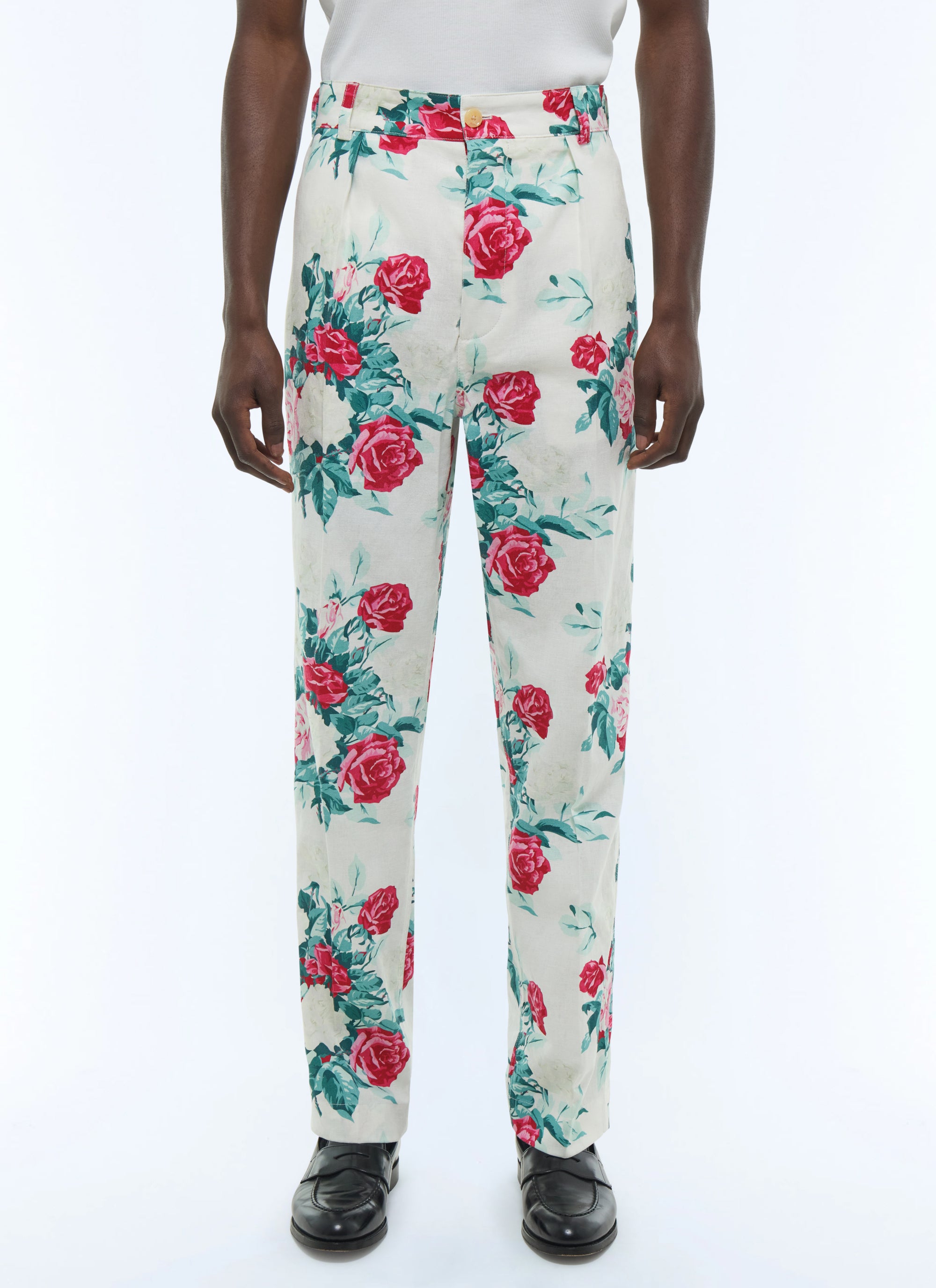 Pantalon chino droit à motif en lin mélangé - Fleur