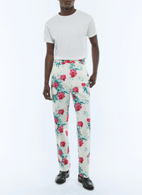 Pantalon chino droit à motif en lin mélangé - Fleur