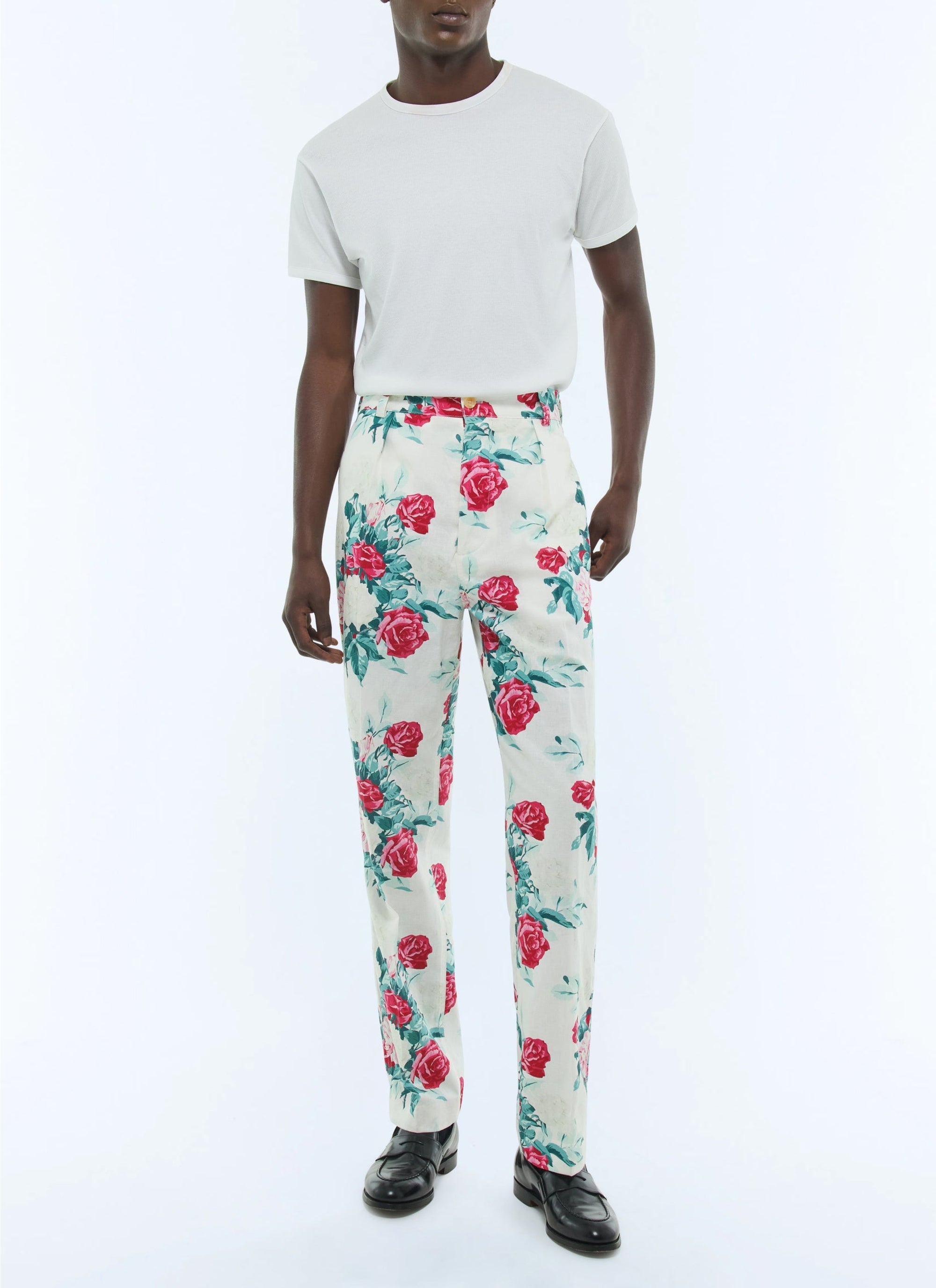 Pantalon chino droit à motif en lin mélangé - Fleur