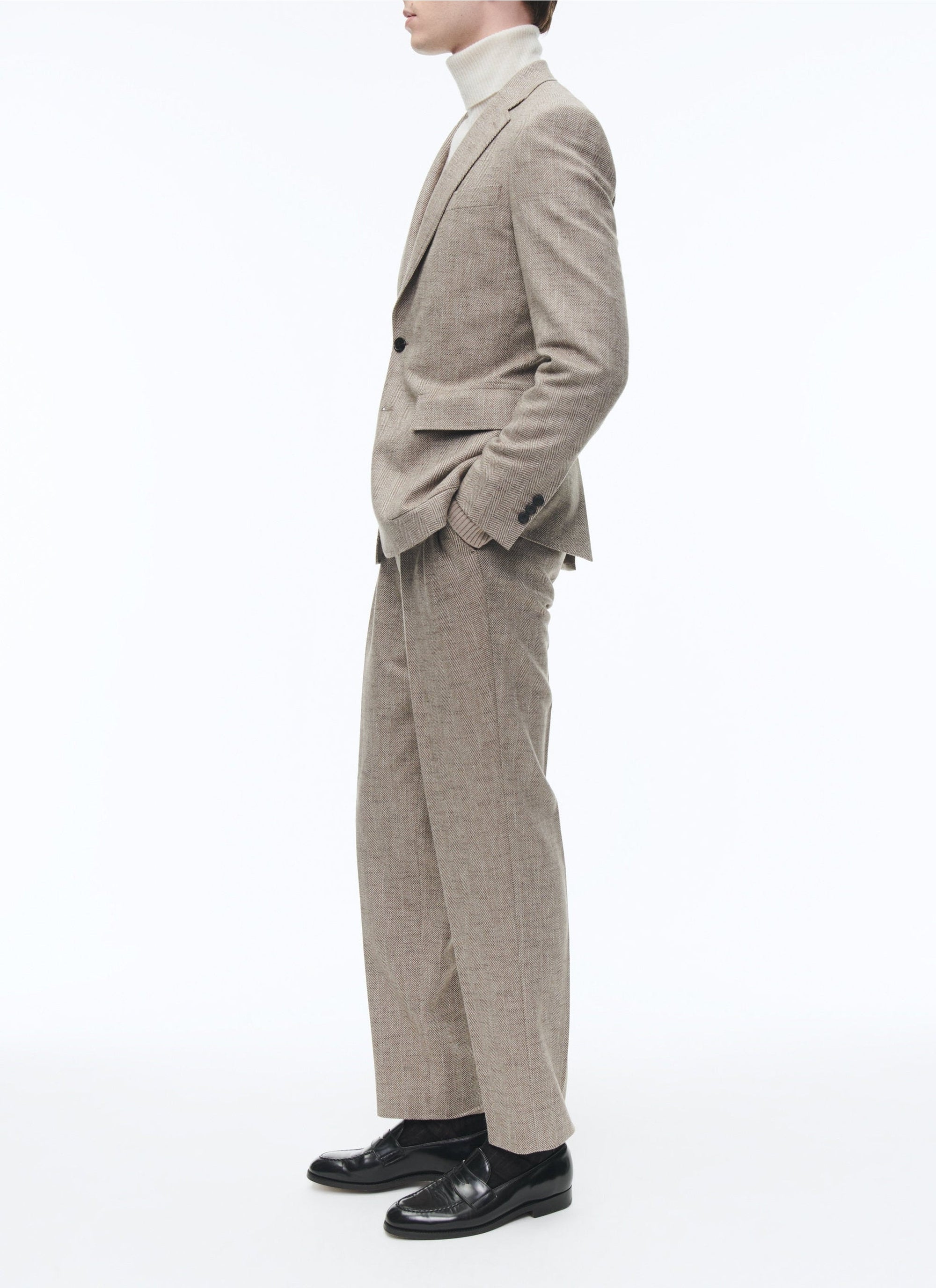 Pantalon droit à chevrons en laine - Ficelle