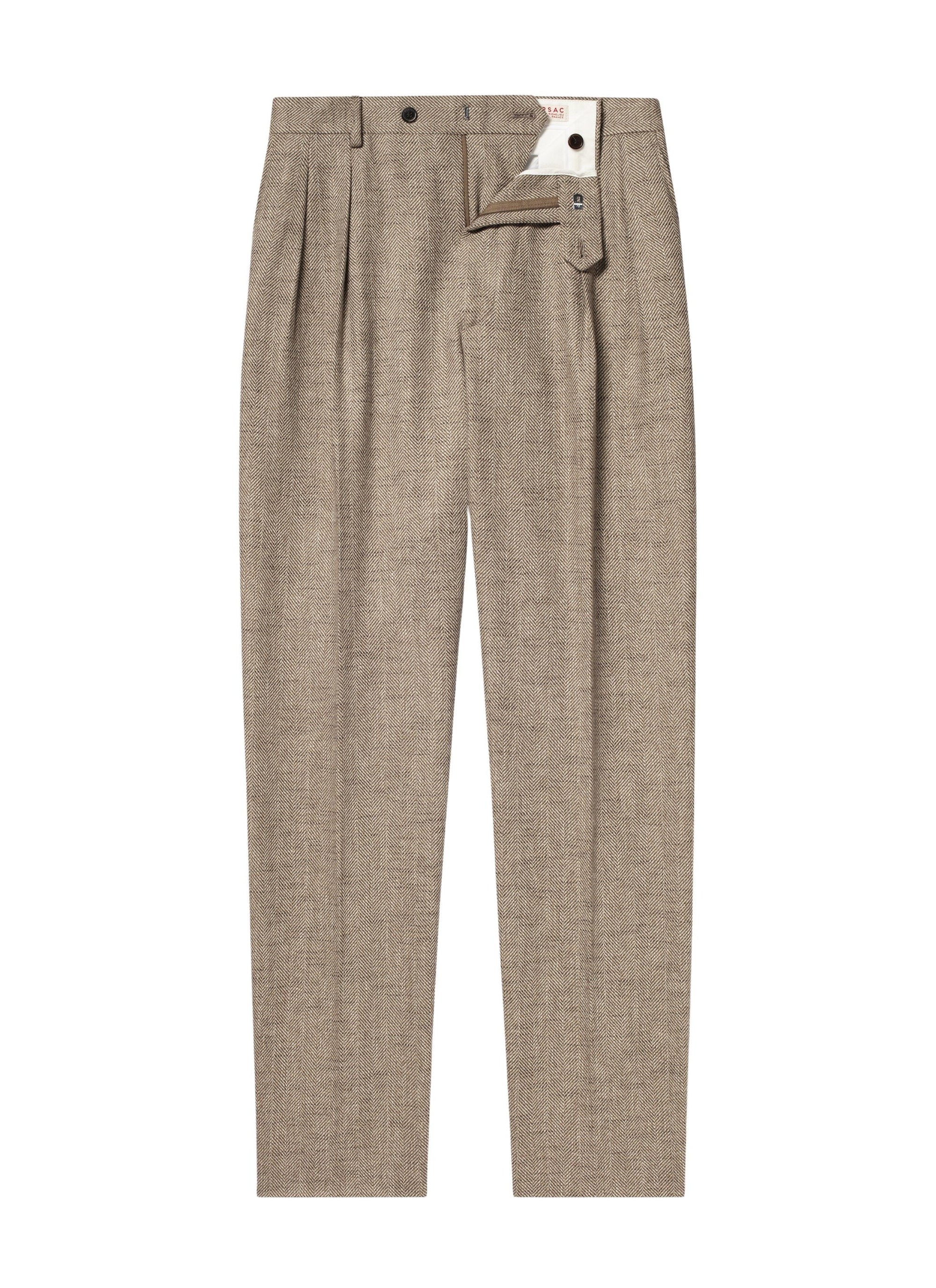 Pantalon droit à chevrons en laine - Ficelle