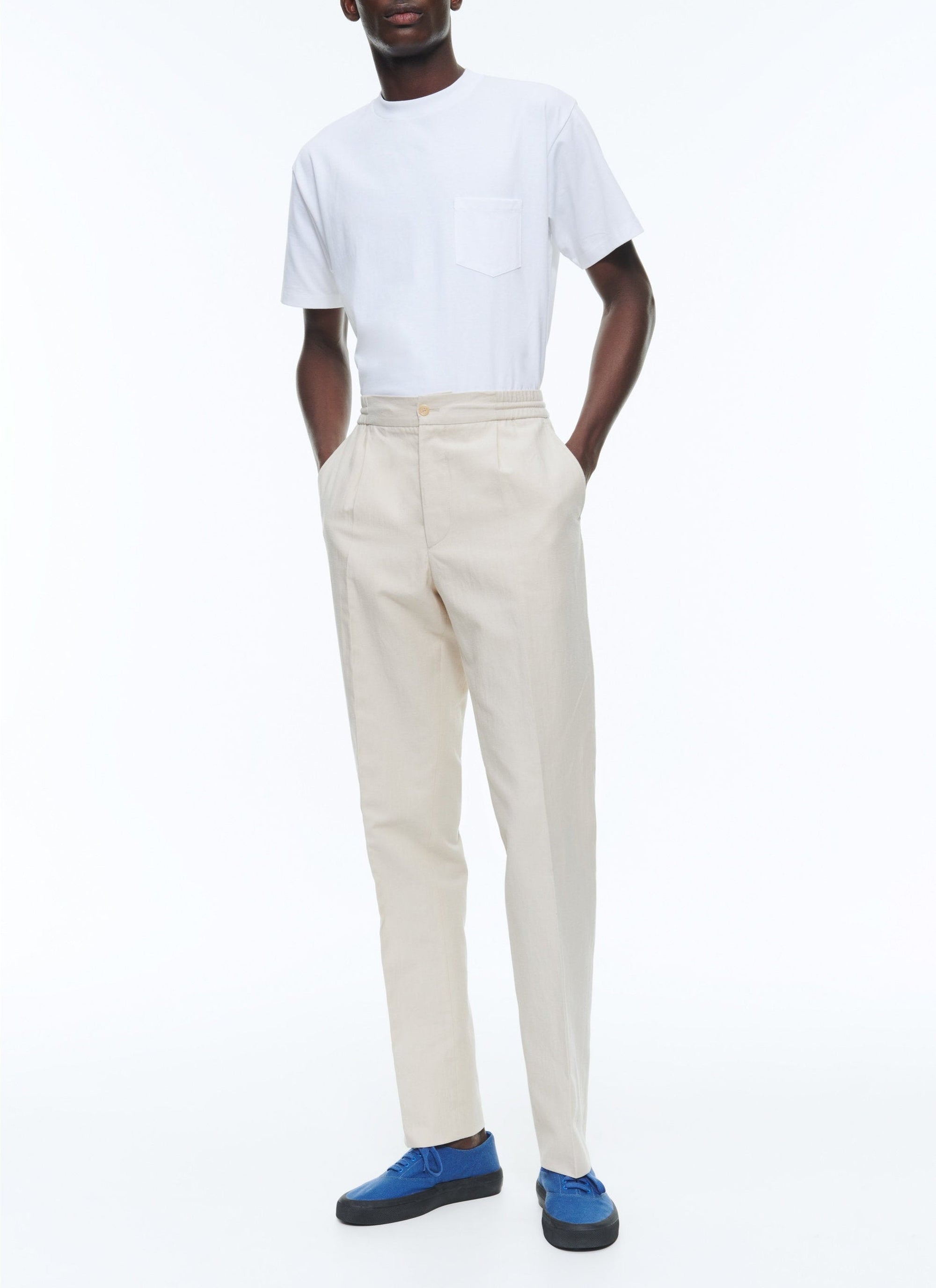 Pantalon élastiqué en lin mélangé - Grège