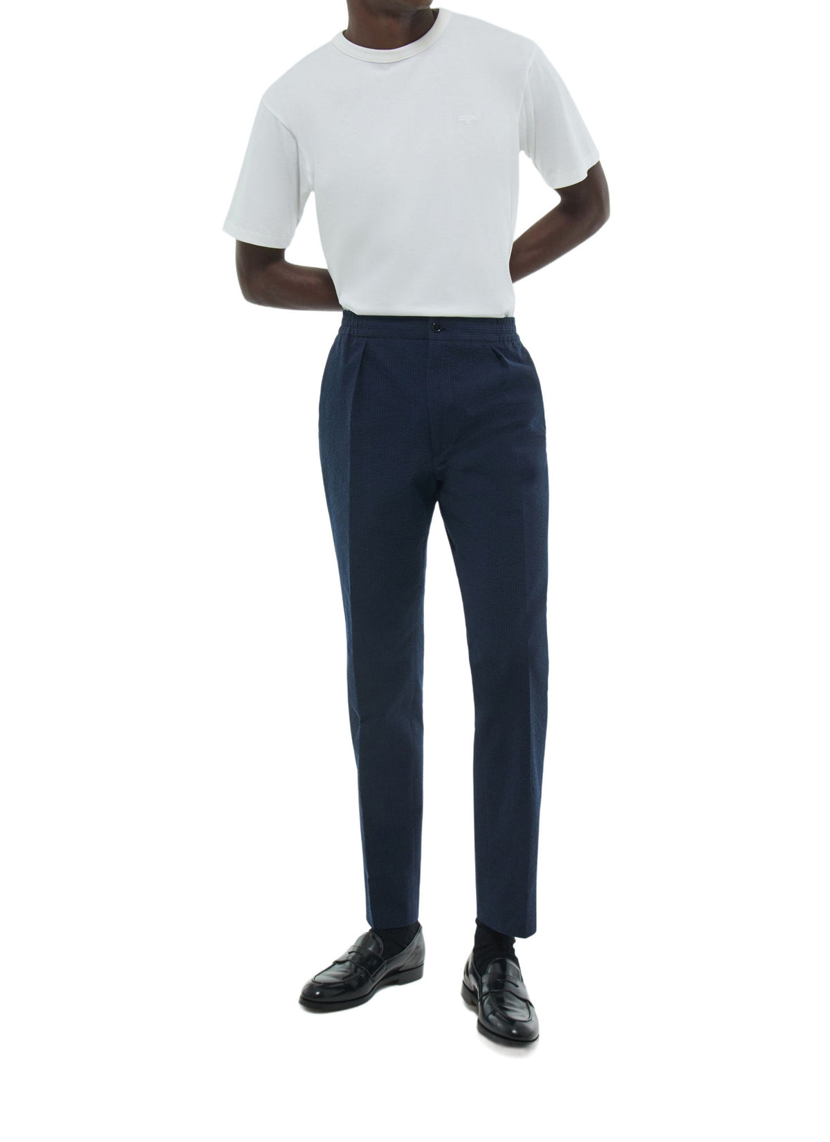 Pantalon élastiqué en seersucker rayé - Marine