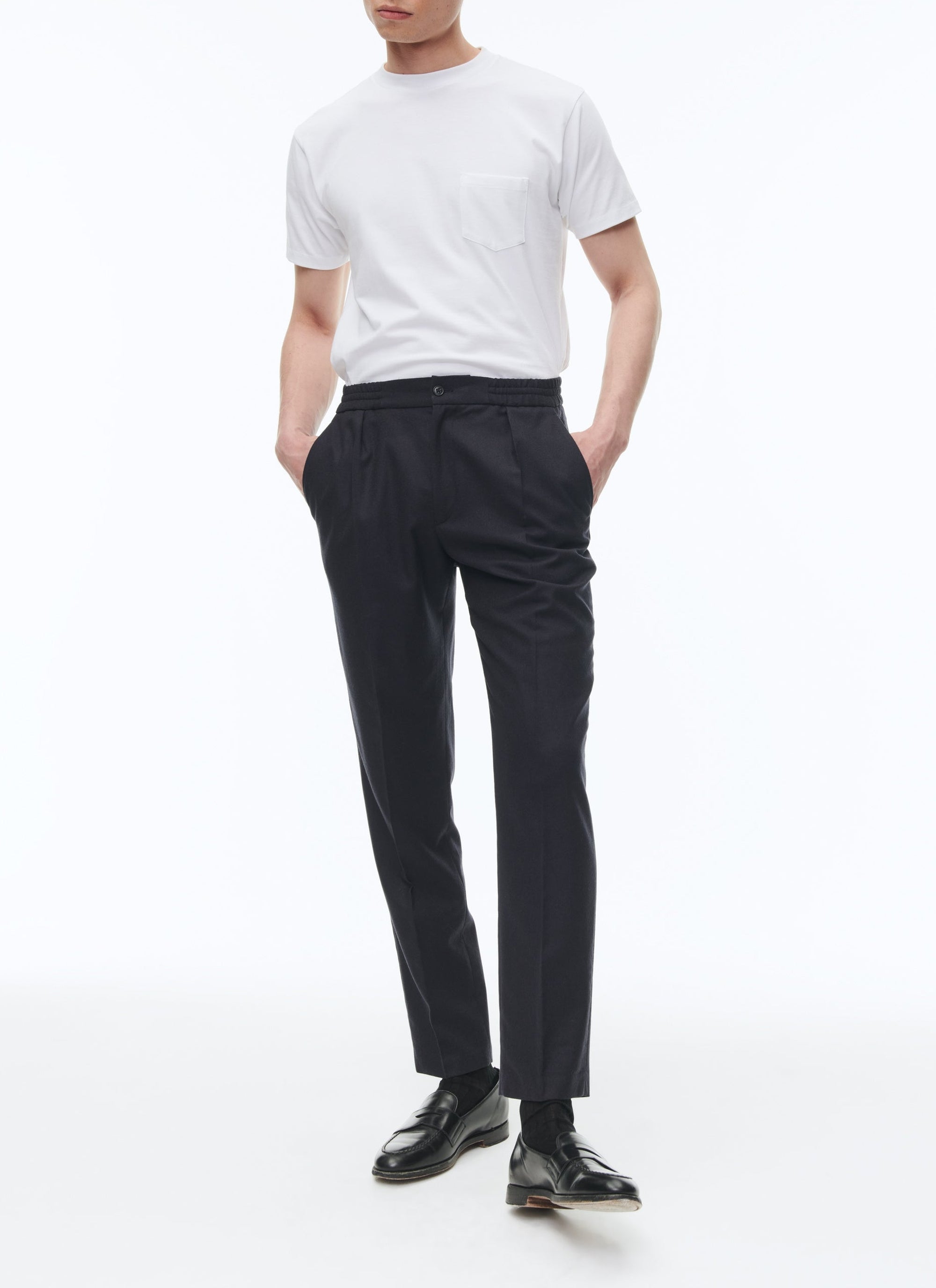 Pantalon élastiqué en flanelle de laine - Bleu Marine