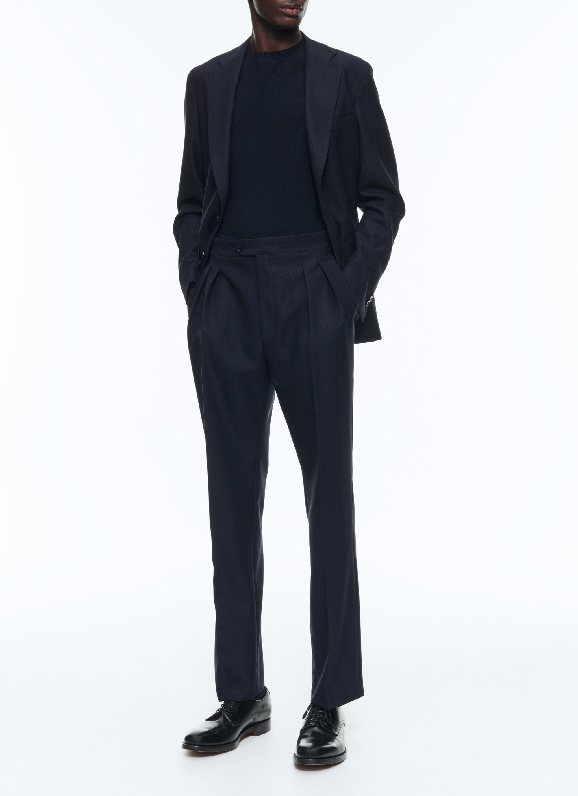 Pantalon de costume droit à pinces en laine - Marine